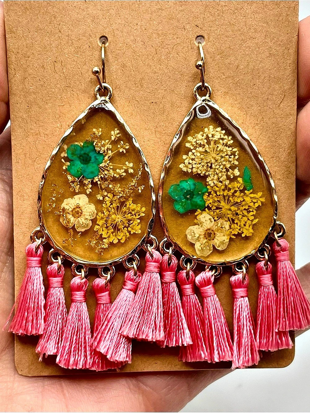 Floral Resin Tassel Earrings in Pink & Gold Like New